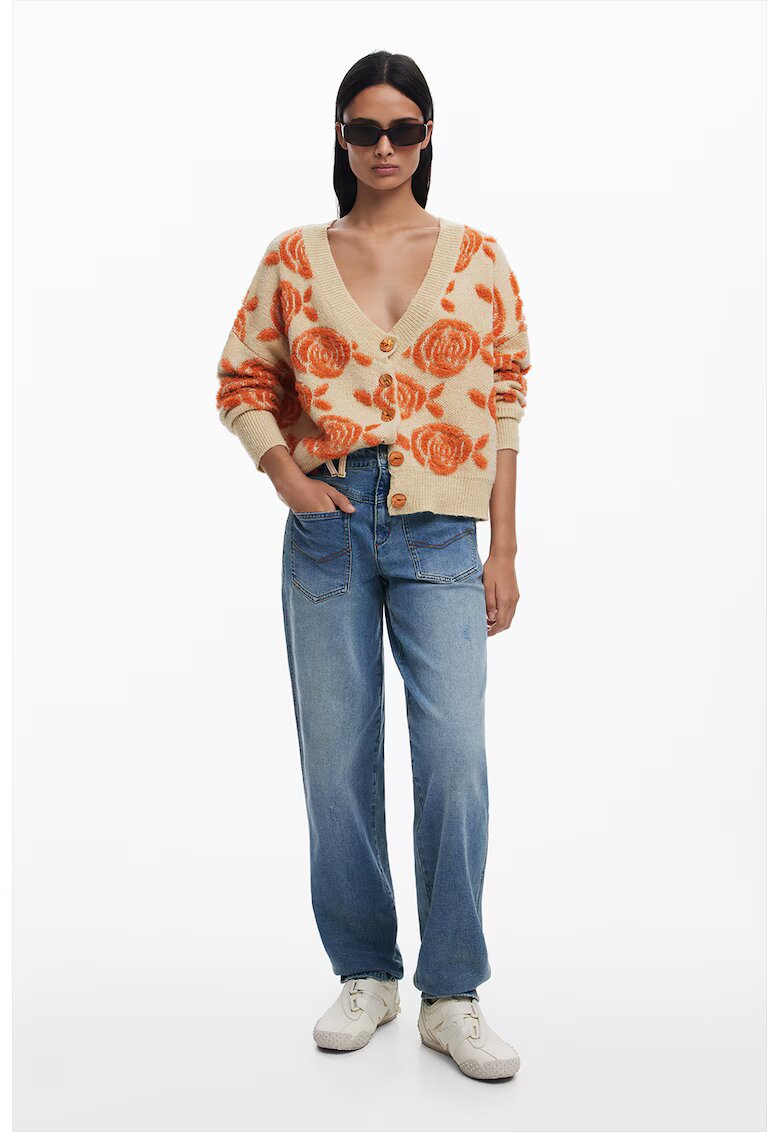 Desigual Cardigan cu nasturi si detalii pufoase - Portocaliu/Bej