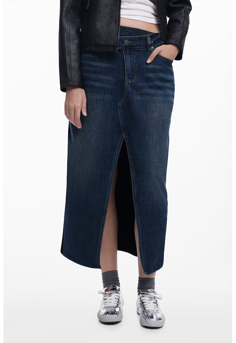 Desigual Fusta midi din denim cu sli frontal - Negru/Bleumarin