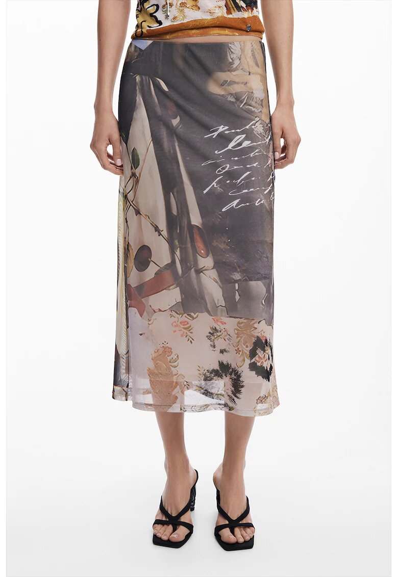 Desigual Fusta midi dreapta cu model - Maro inchis/Maro taupe