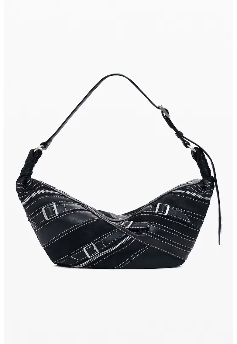 Desigual Geanta semiluna din piele ecologica cu model cu catarama - Alb/Negru