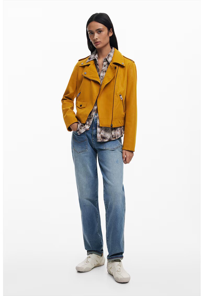 Desigual Jacheta biker de piele ecologica cu buzunare cu fermoar - Galben mustar