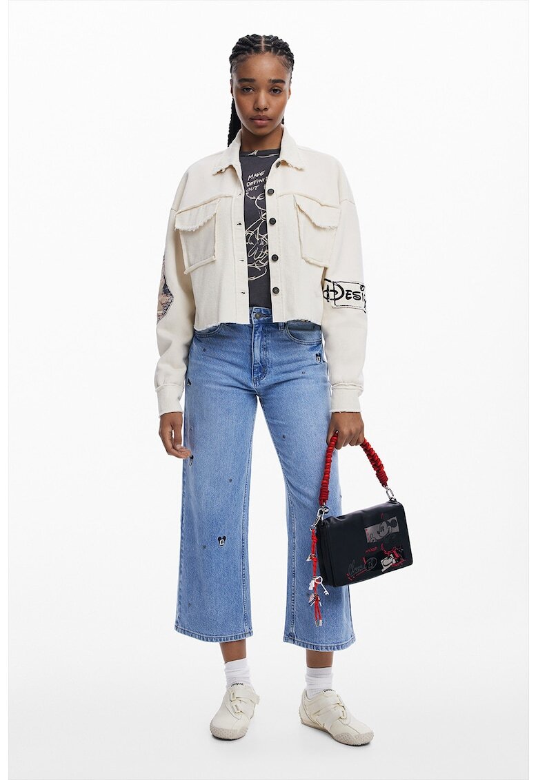 Desigual Jacheta crop cu model grafic - Alb fildes/Negru
