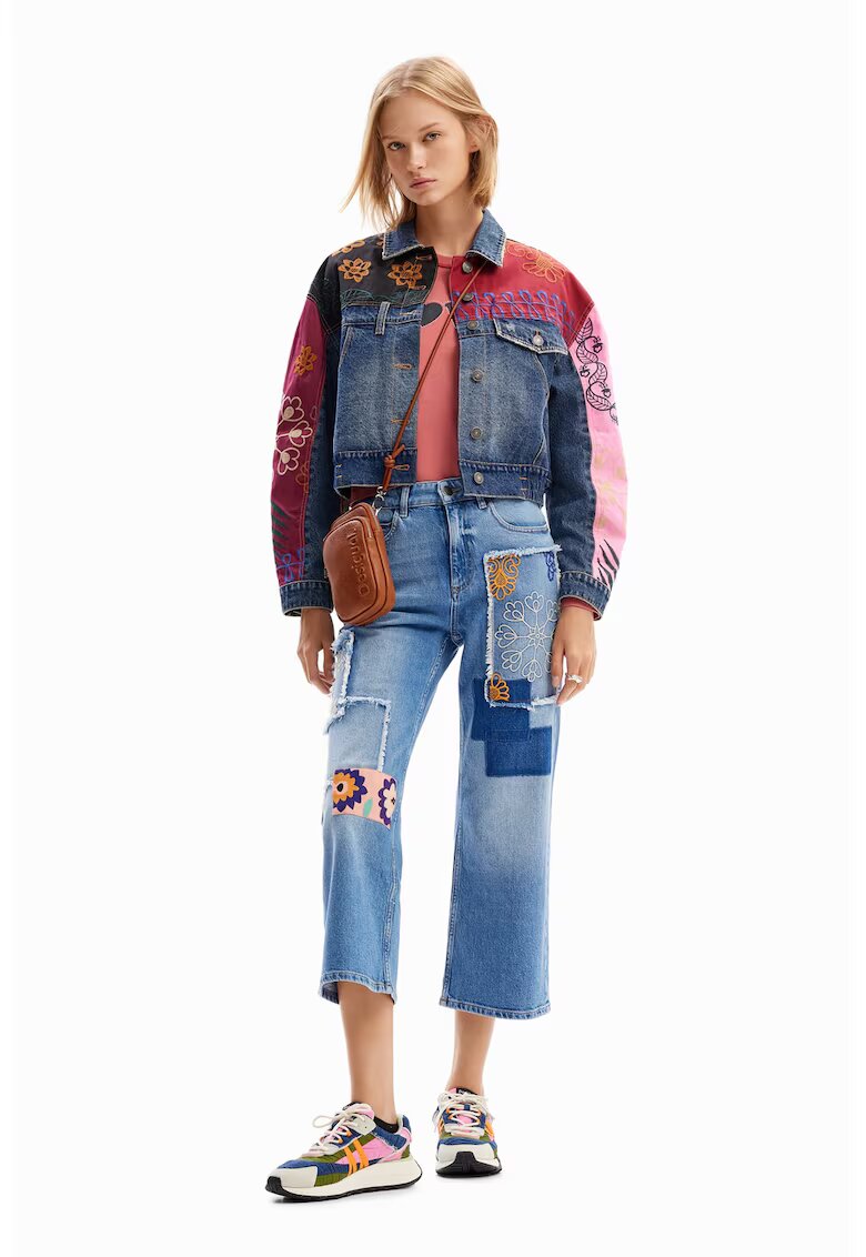 Desigual Jacheta de denim cu motive brodate - Coral/Albastru prafuit/Roz