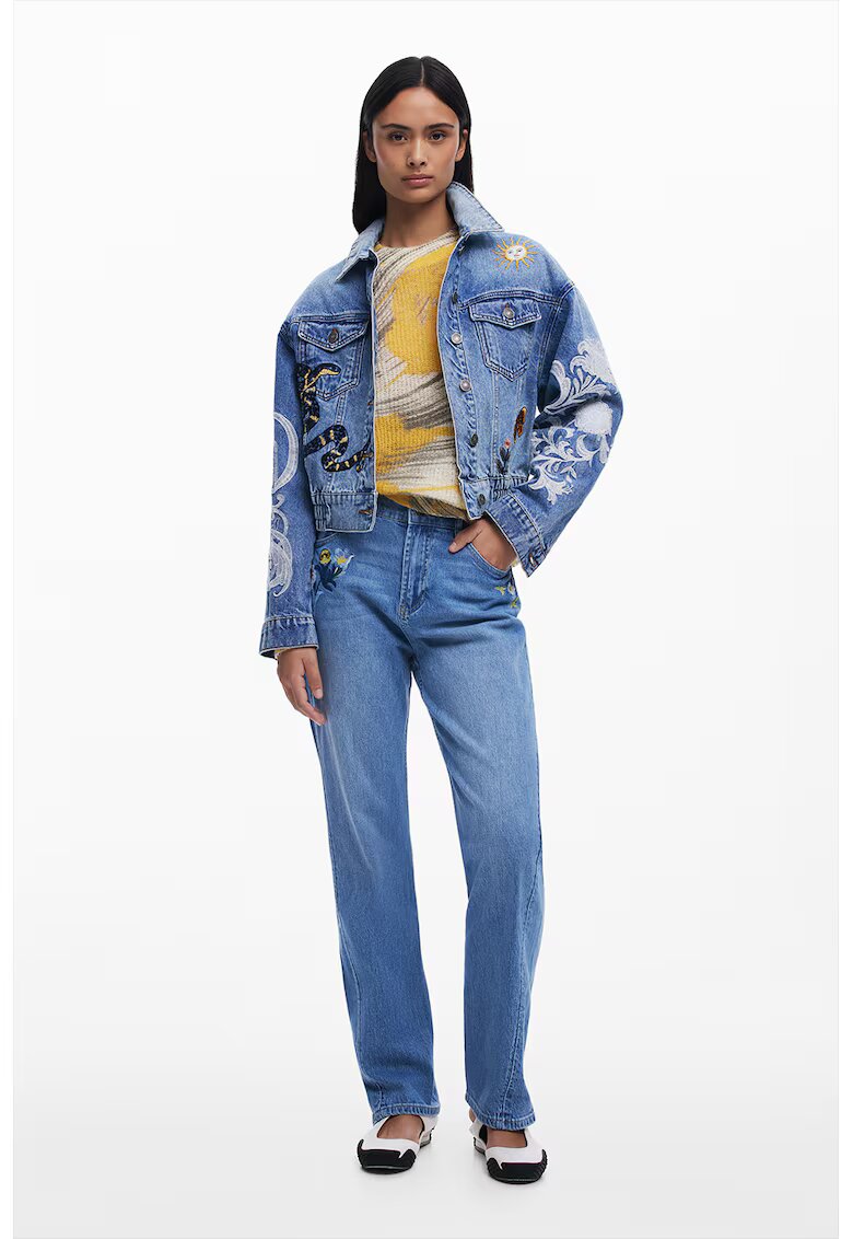 Desigual Jacheta din denim cu broderie - Rosu/Albastru pastel/Verde inchis