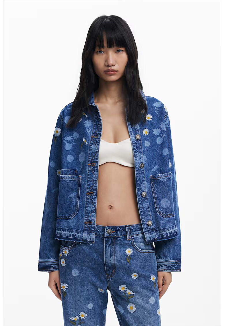 Desigual Jacheta din denim cu broderie si buzunare aplicate - Albastru royal