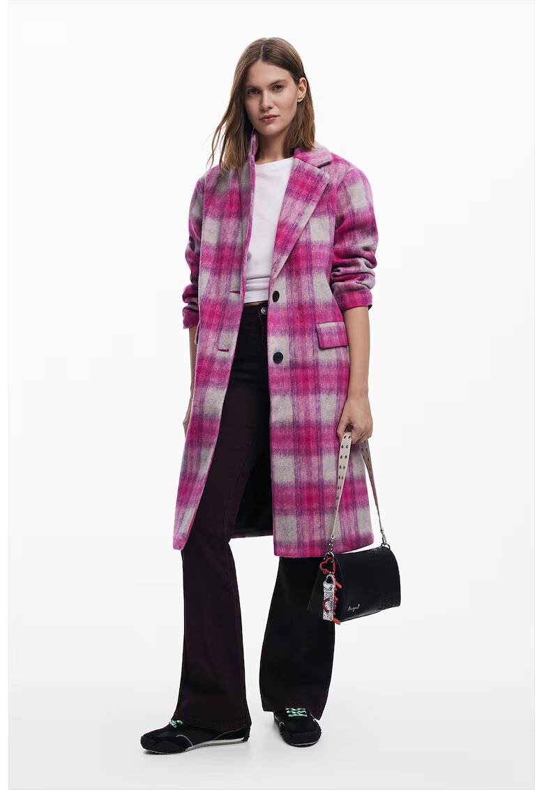 Desigual Palton in carouri din amestec de lana - Alb fildes/Fucsia