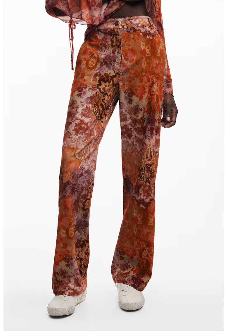 Desigual Pantaloni cu croiala ampla si imprimeu floral - Maro inchis/Maro scortisoara