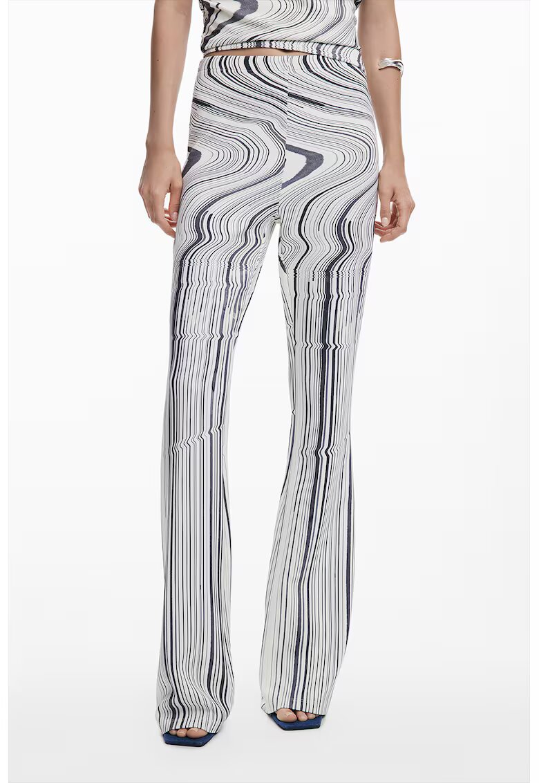 Desigual Pantaloni elastici cu dungi asimetrice - Alb fildes/Gri inchis
