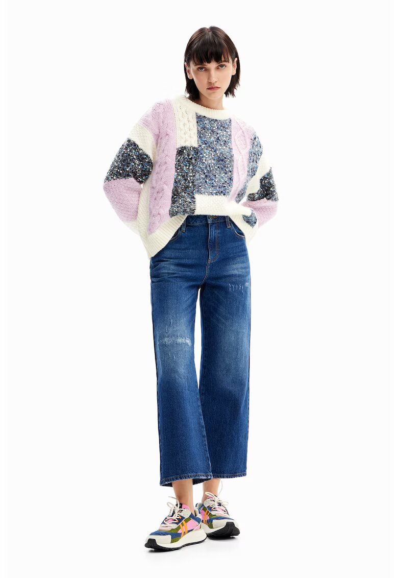 Desigual Pulover cu decolteu la baza gatului si maneci cazute - Albastru prafuit/Albastru lavanda/Alb murdar