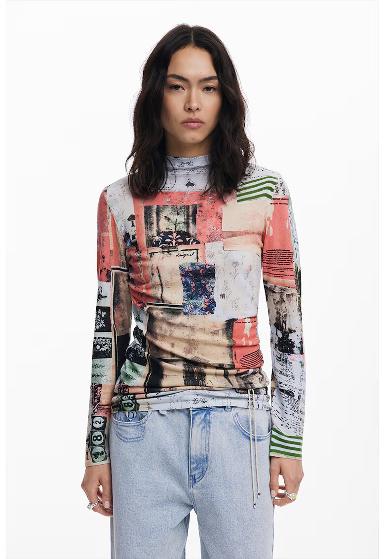 Desigual Pulover cu imprimeu grafic - Roz somon/Bej/Alb murdar