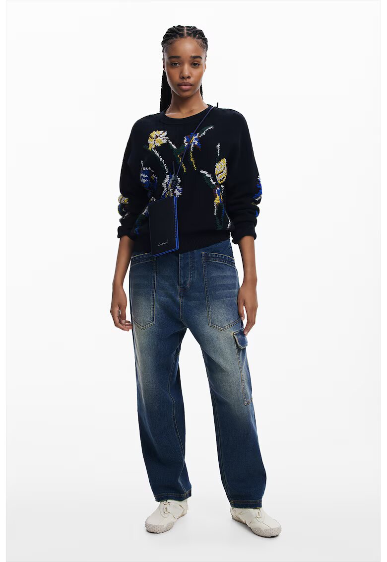 Desigual Pulover cu model floral - Verde/Negru/Albastru