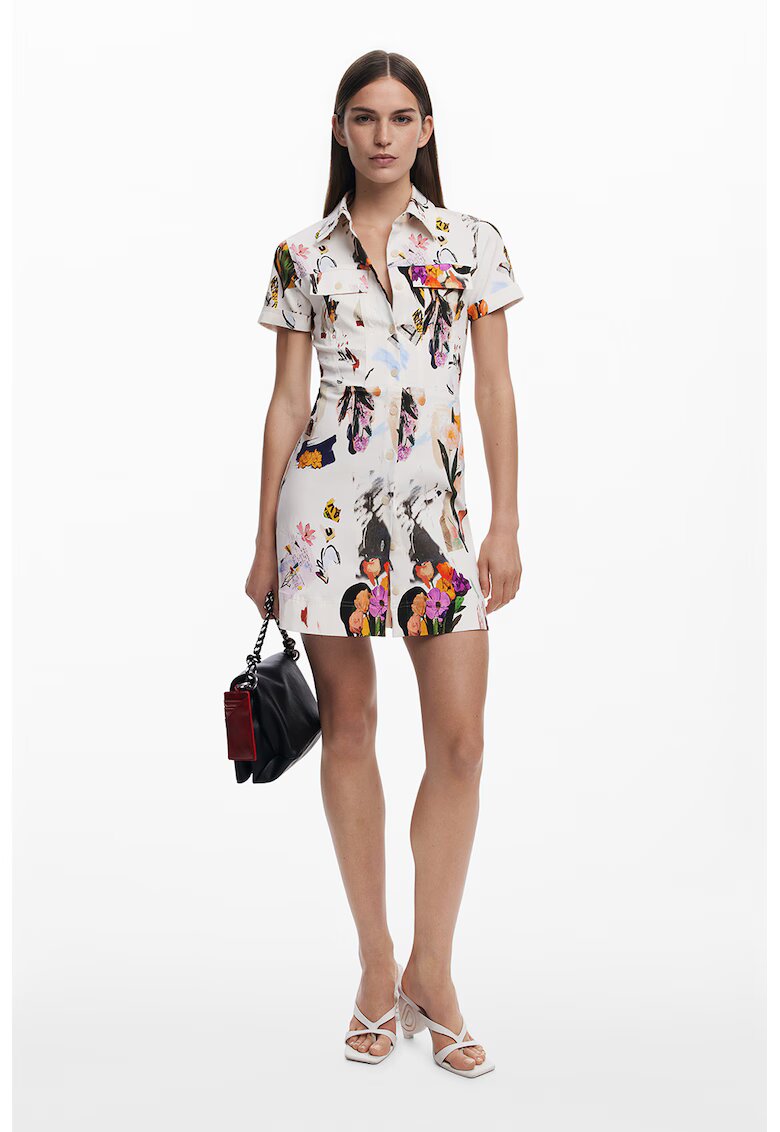 Desigual Rochie-camasa mini cu model floral - Alb/Negru stins