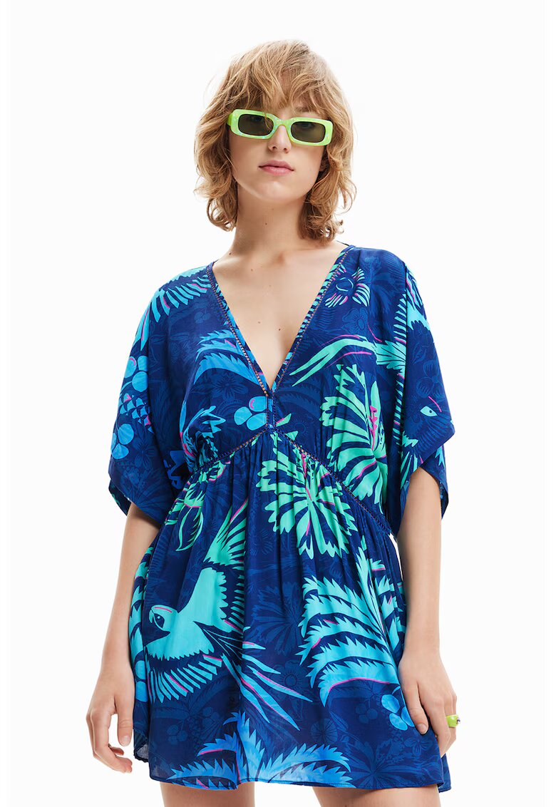 Desigual Rochie cu decolteu in V si imprimeu tropical pentru plaja - Verde/Albastru inchis
