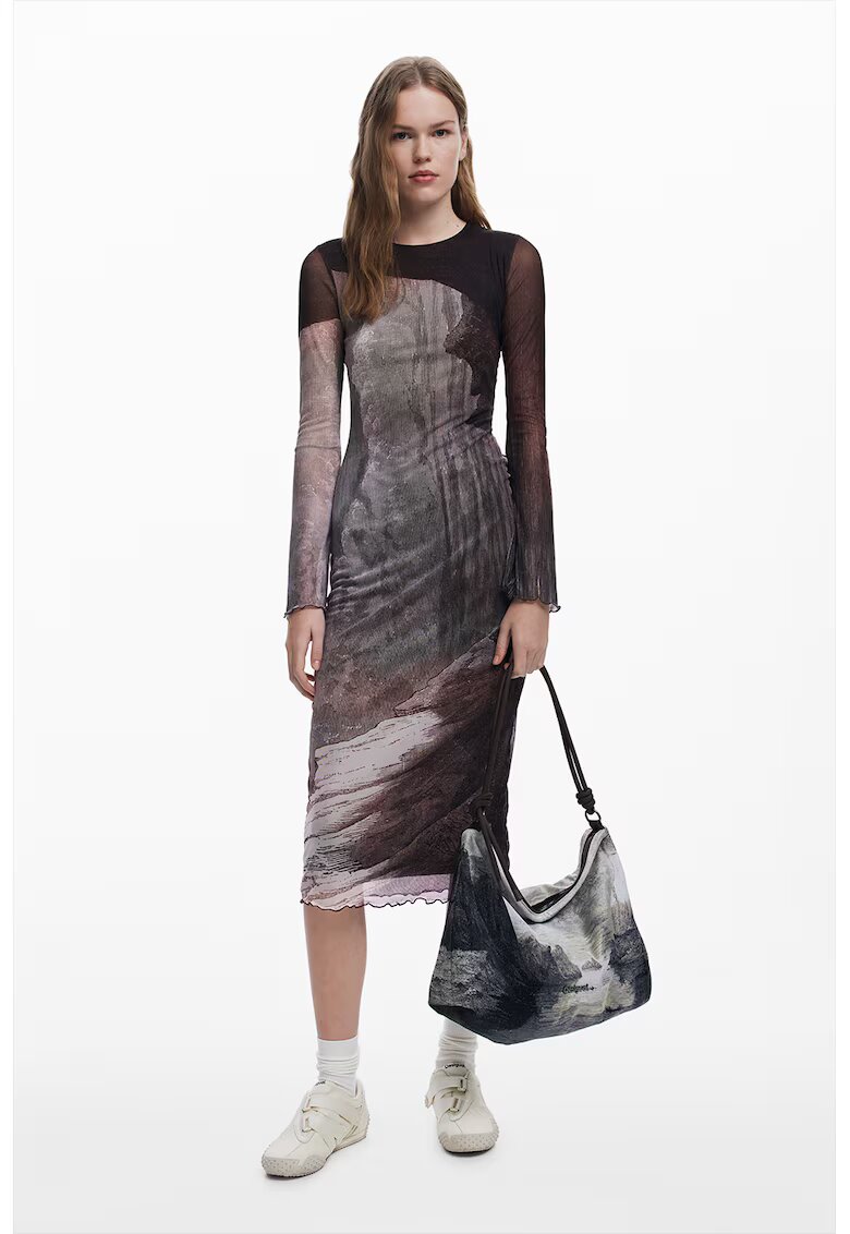 Desigual Rochie cu decolteu la baza gatului si terminatii valurite - Maro taupe deschis/Gri inchis