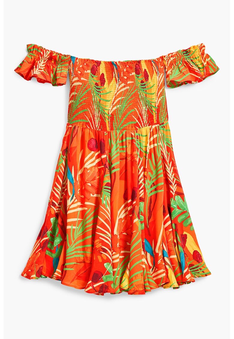 Desigual Rochie cu decolteu pe umeri si imprimeu - Verde/Portocaliu mandarina/Albastru