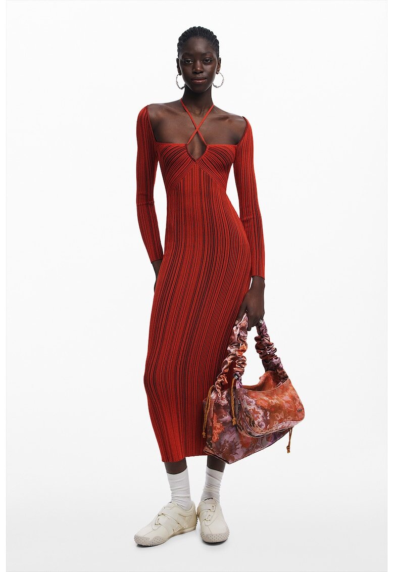 Desigual Rochie cu dungi si maneci lungi - Rosu inchis