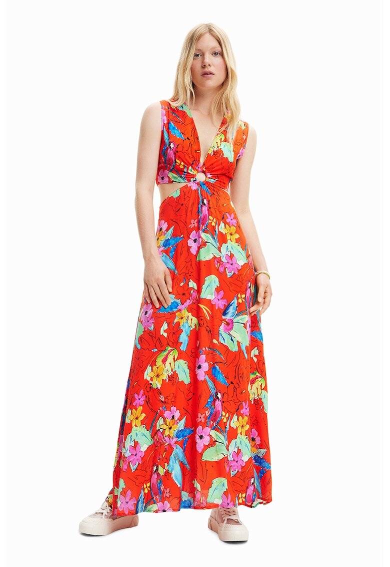Desigual Rochie cu imprimeu floral si decupaje laterale - Rosu