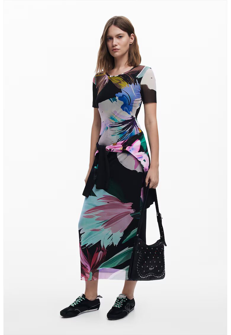 Desigual Rochie cu imprimeu floral si maneci scurte - Verde/Negru/Albastru glaciar