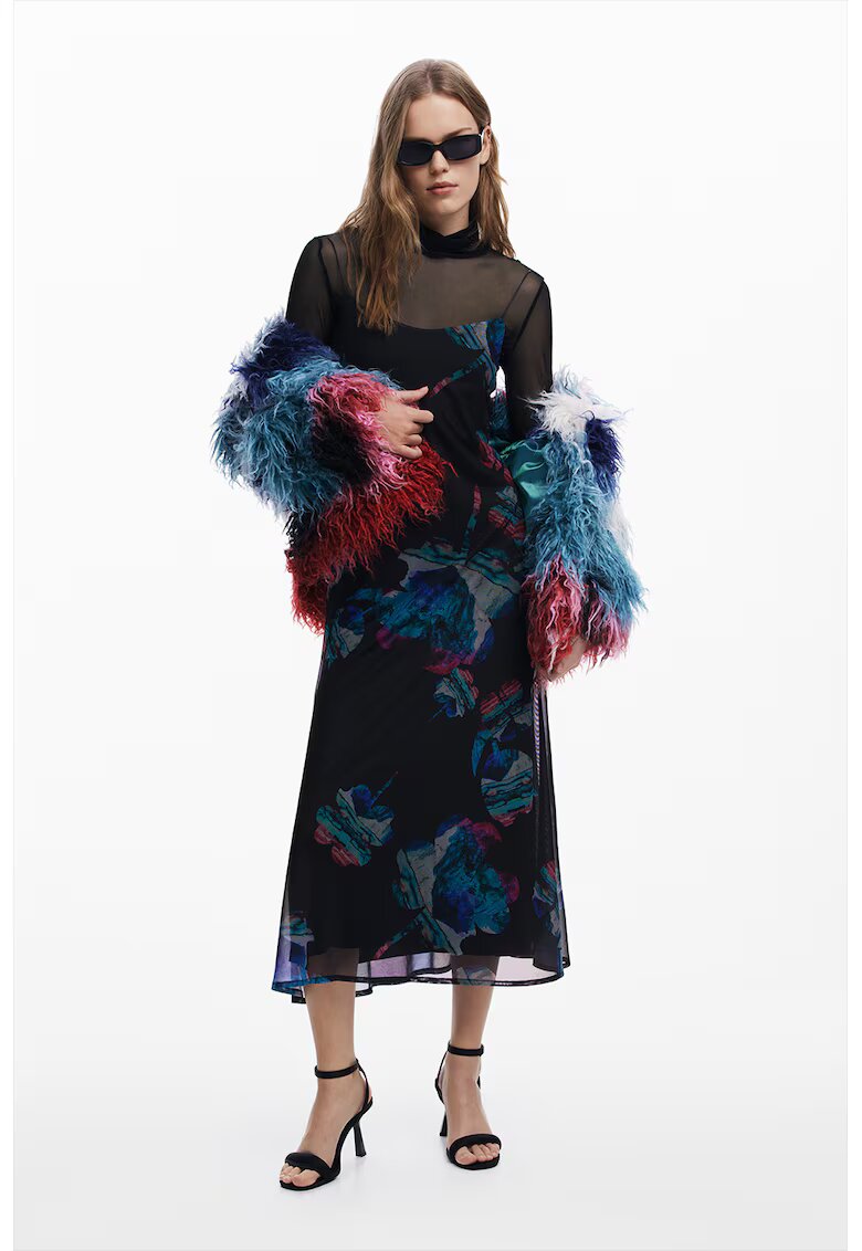Desigual Rochie cu imprimeu si bluza cu plasa - Rosu/Negru/Albastru