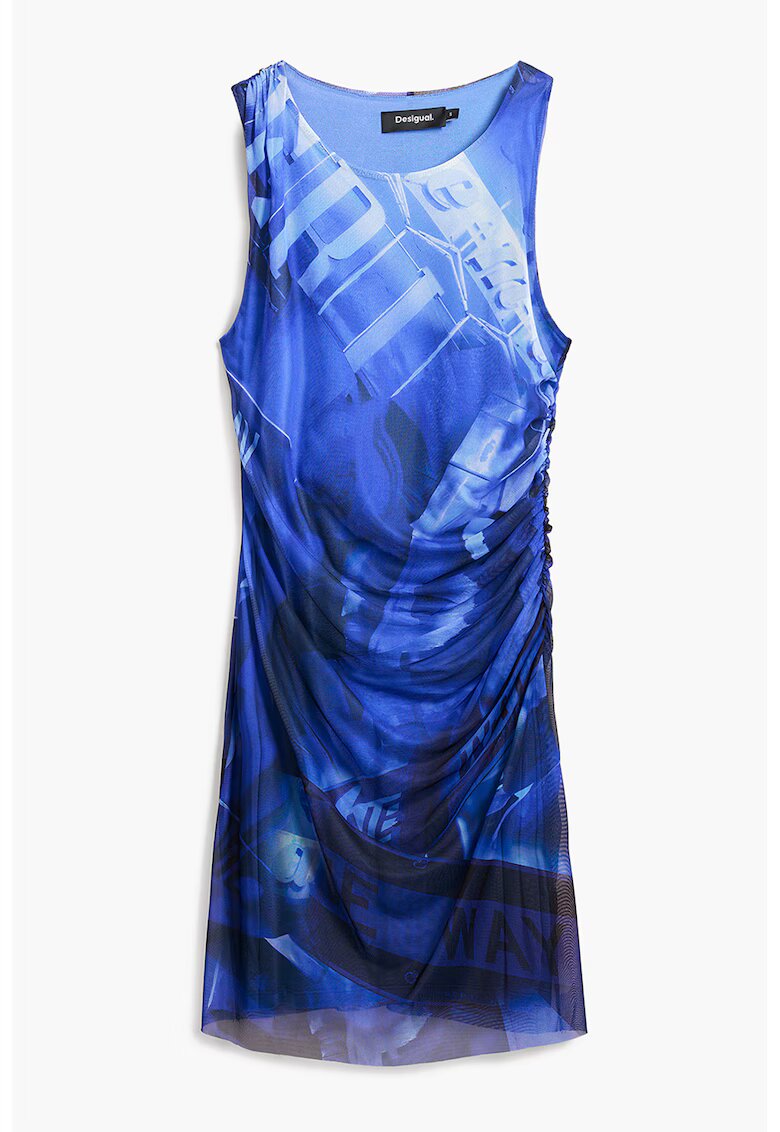 Desigual Rochie cu imprimeu si strat exterior din plasa - Alb/Albastru