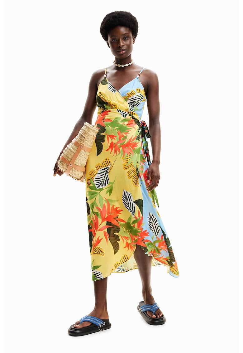 Desigual Rochie de plaja cu imprimeu tropical si model petrecut - Galben