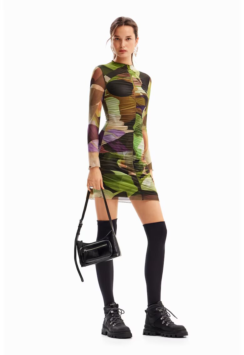 Desigual Rochie de plasa cu imprimeu - Maro inchis/Verde aquamarin/Verde sparanghel