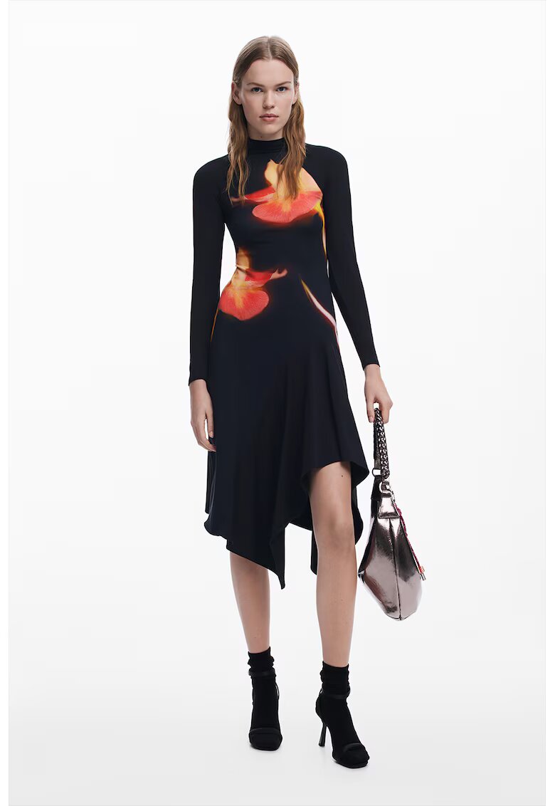 Desigual Rochie din amestec de bumbac cu terminatie asimetrica - Negru/Coral/Portocaliu pal