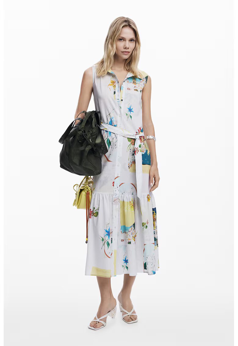 Desigual Rochie fara maneci din amestec de lyocell cu imprimeu - Alb