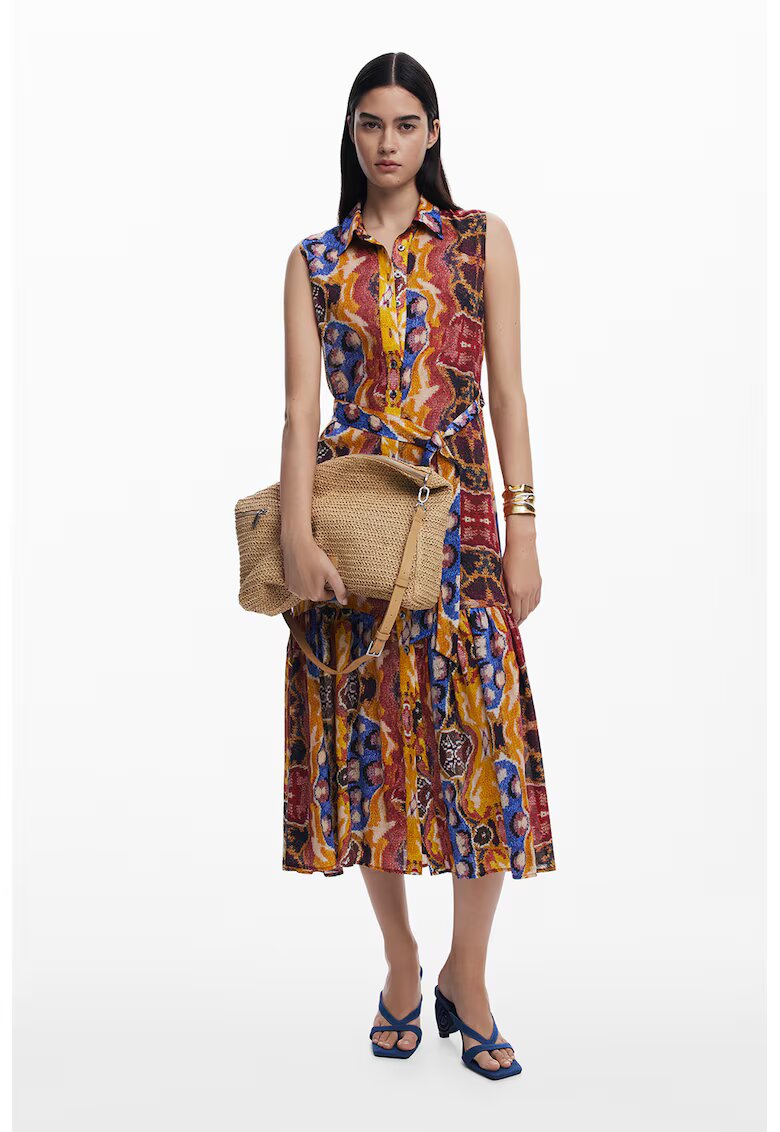 Desigual Rochie fara maneci din amestec de lyocell cu model si terminatie plisata - Multicolor
