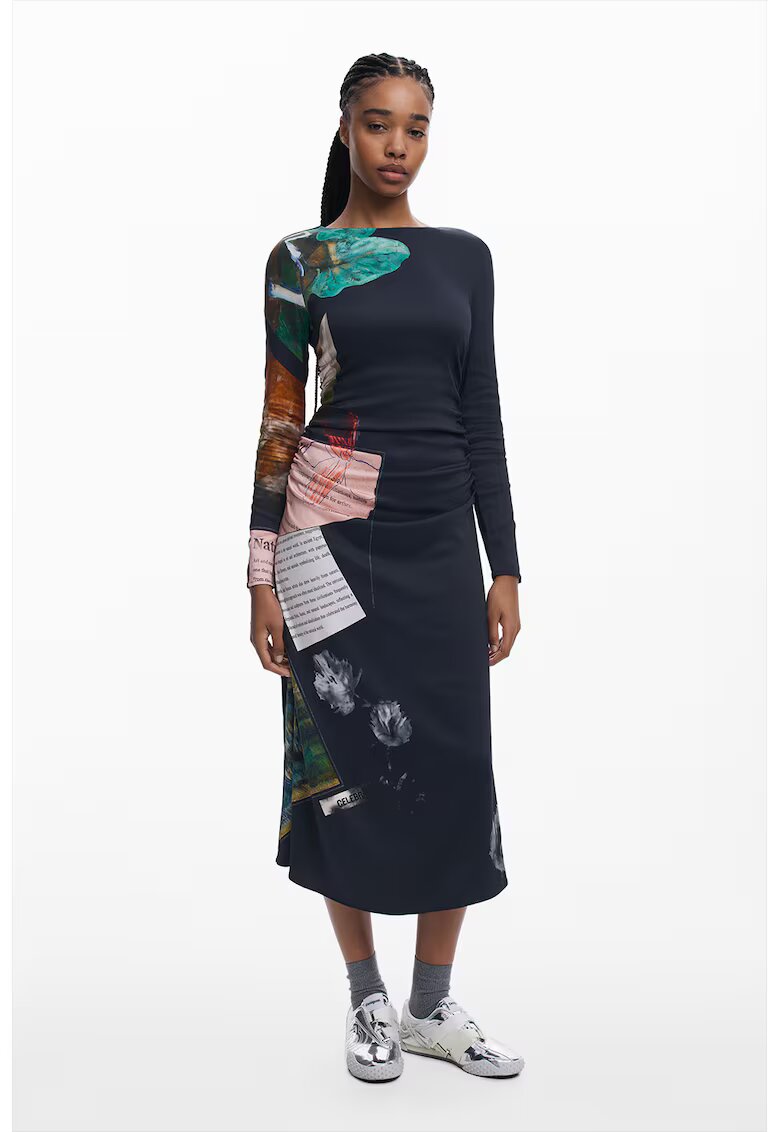 Desigual Rochie lunga cu fronseuri - Verde/Albastru ultramarin/Roz pal