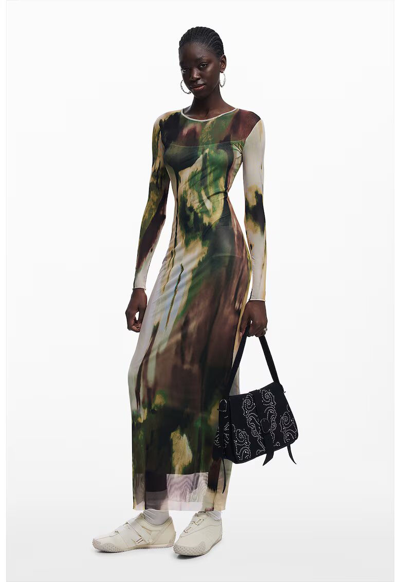 Desigual Rochie lunga semitransparenta cu model - Verde/Maro/Bej