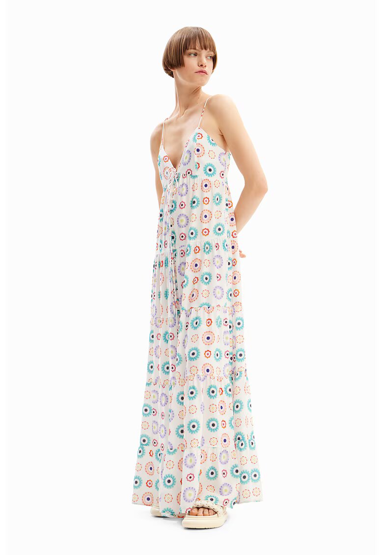 Desigual Rochie maxi cu model si decolteu in V - Alb fildes/Violet/Turcoaz