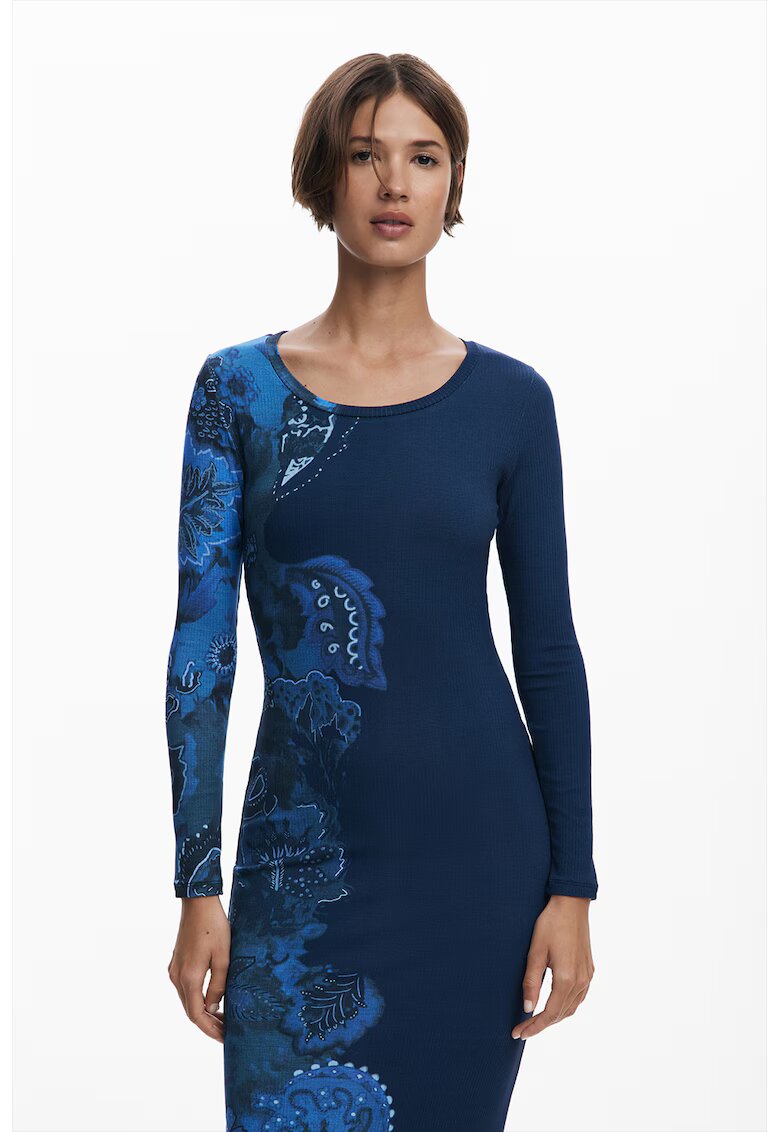 Desigual Rochie midi cambrata cu model floral - Albastru inchis/Albastru royal