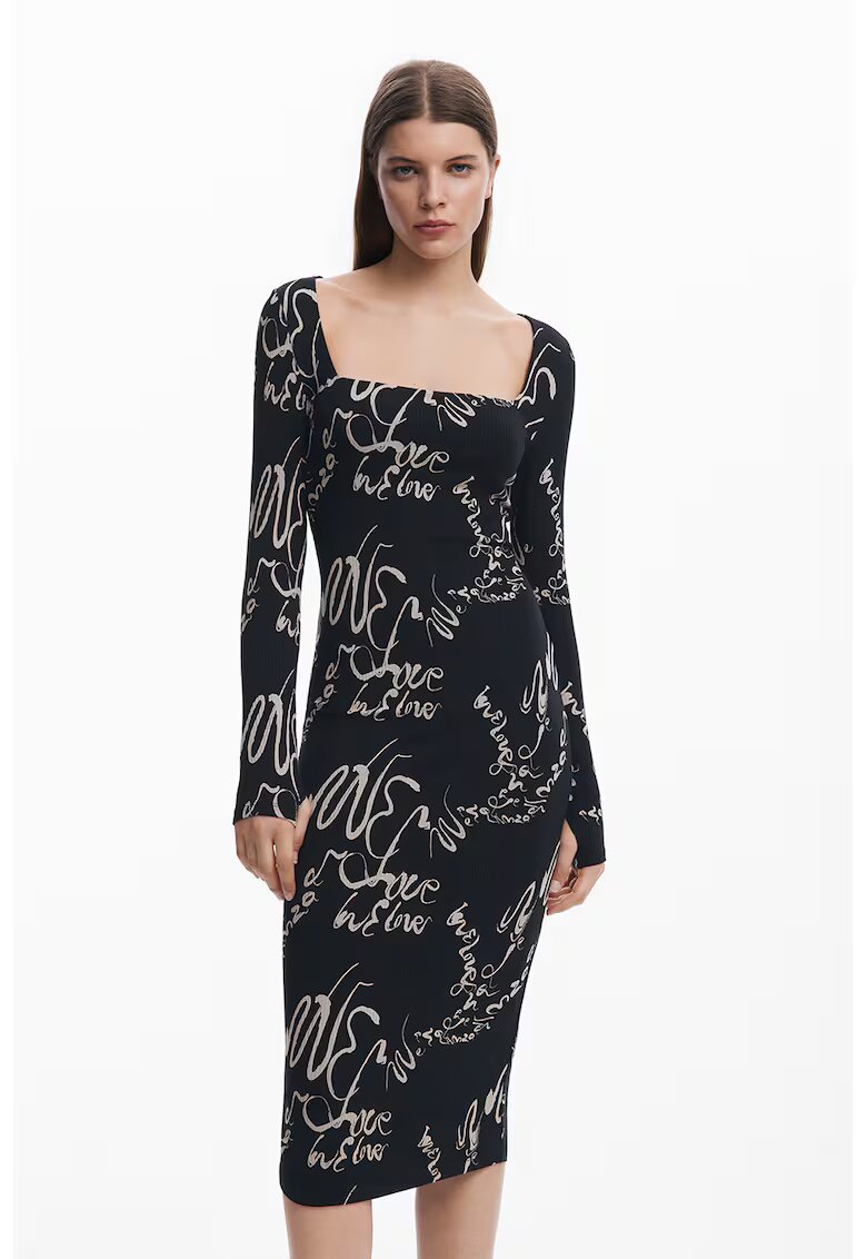 Desigual Rochie midi cu decolteu patrat - Negru/Crem