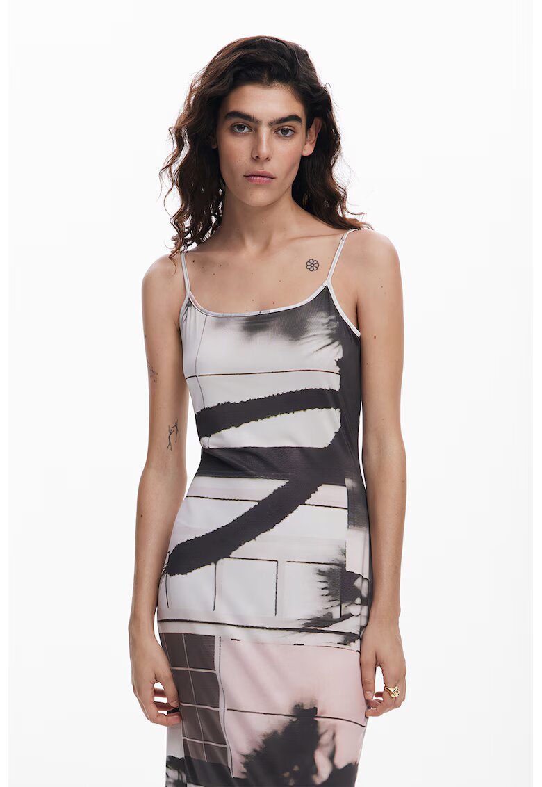 Desigual Rochie midi cu imprimeu si bretele ajustabile - Alb/Negru/Maro