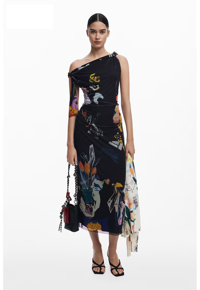 Desigual Rochie midi cu imprimeu si detalii drapate - Negru