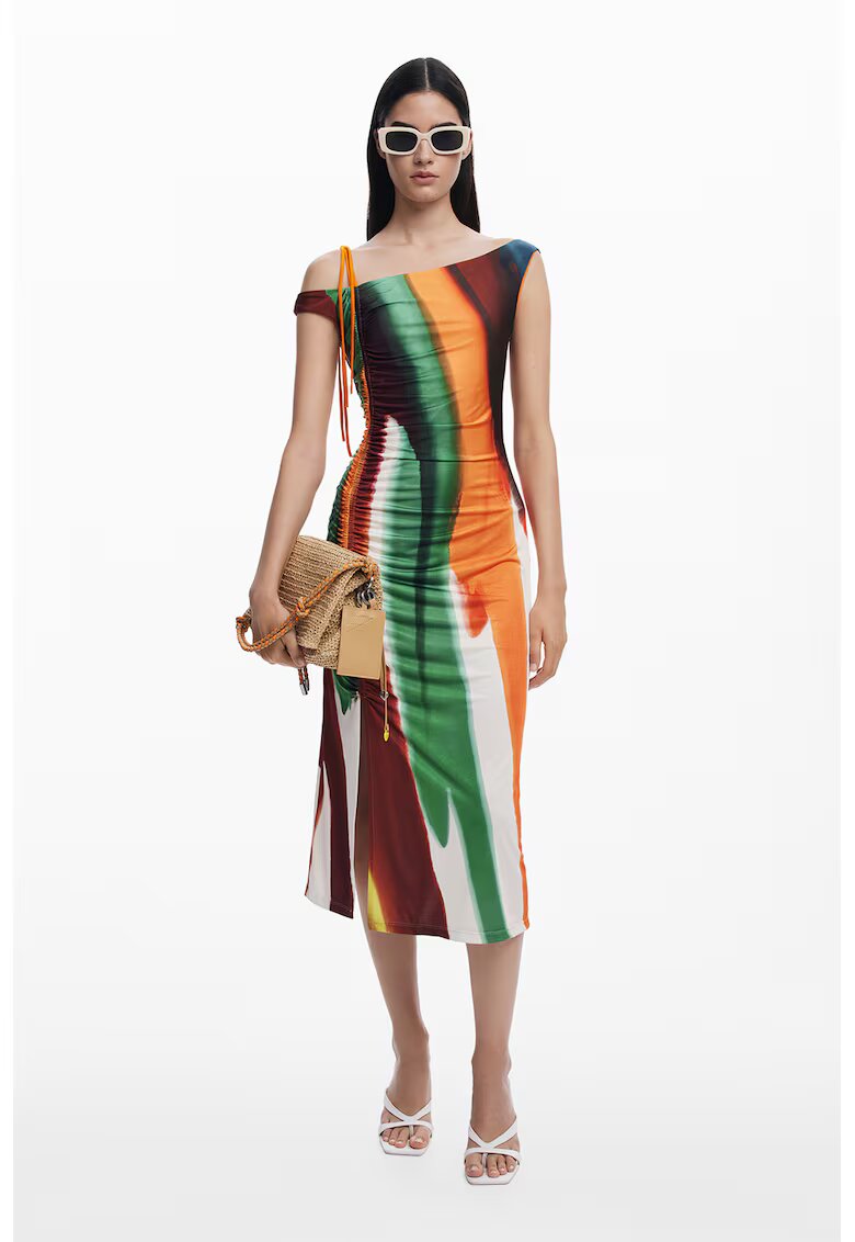 Desigual Rochie midi cu model in dungi abstract si drapaj lateral - Multicolor
