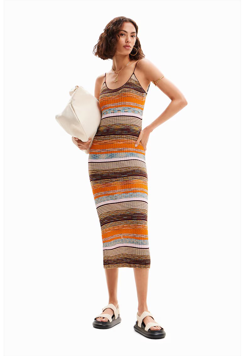 Desigual Rochie midi cu model in dungi - Maro/Portocaliu stins
