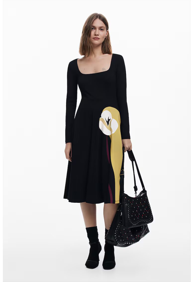 Desigual Rochie midi din amestec de bumbac cu decolteu patrat - Negru/Maro nisip
