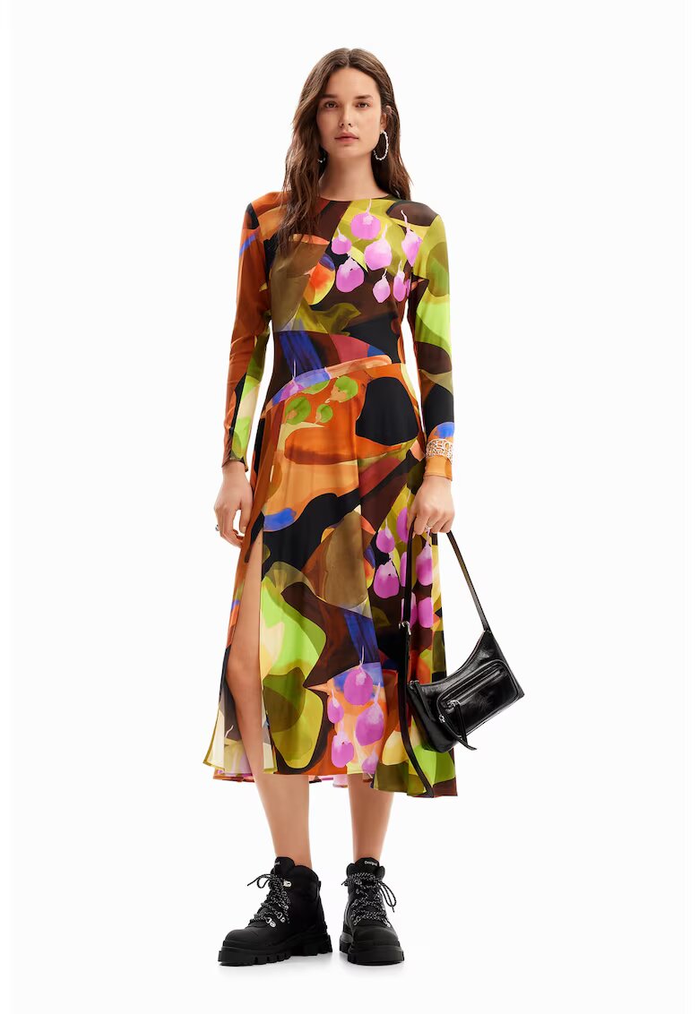 Desigual Rochie midi evazata cu slit lateral - Roz pastel/Portocaliu mandarina/Verde aquamarin