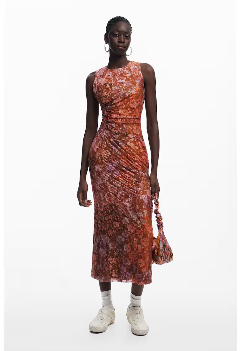 Desigual Rochie midi fara maneci cu model floral - Portocaliu/Maro scortisoara