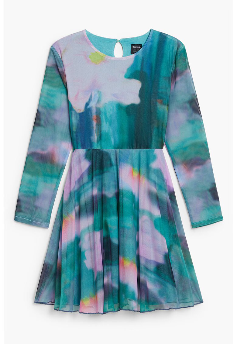 Desigual Rochie mini cu maneci lungi si model tie-dye - Verde persan