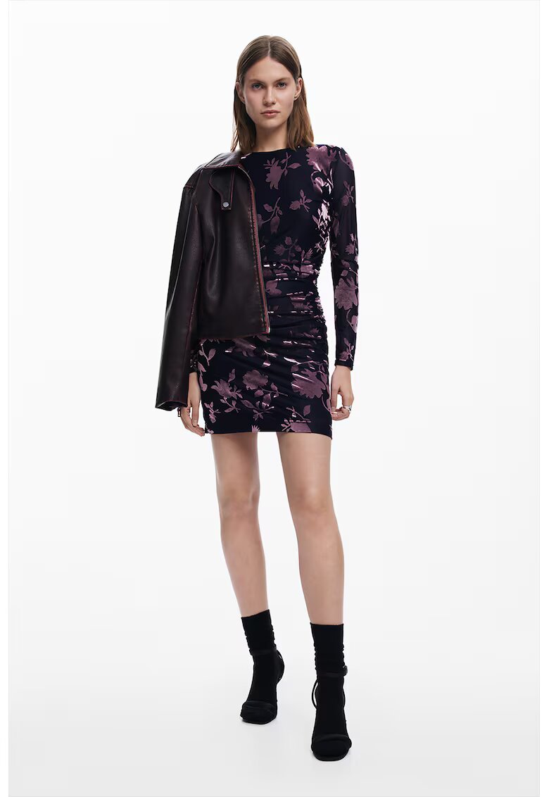 Desigual Rochie scurta cu maneci lungi si model floral - Albastru ultramarin/Violet pruna
