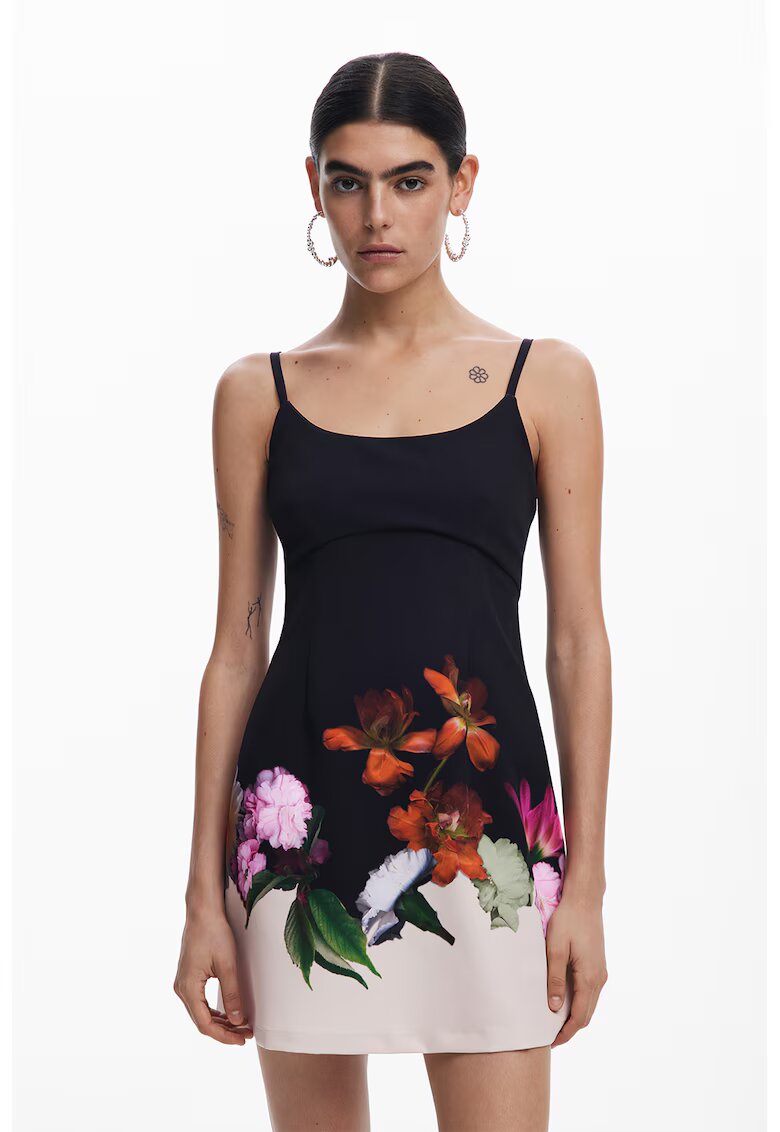 Desigual Rochie scurta cu model floral - Verde/Negru/Portocaliu