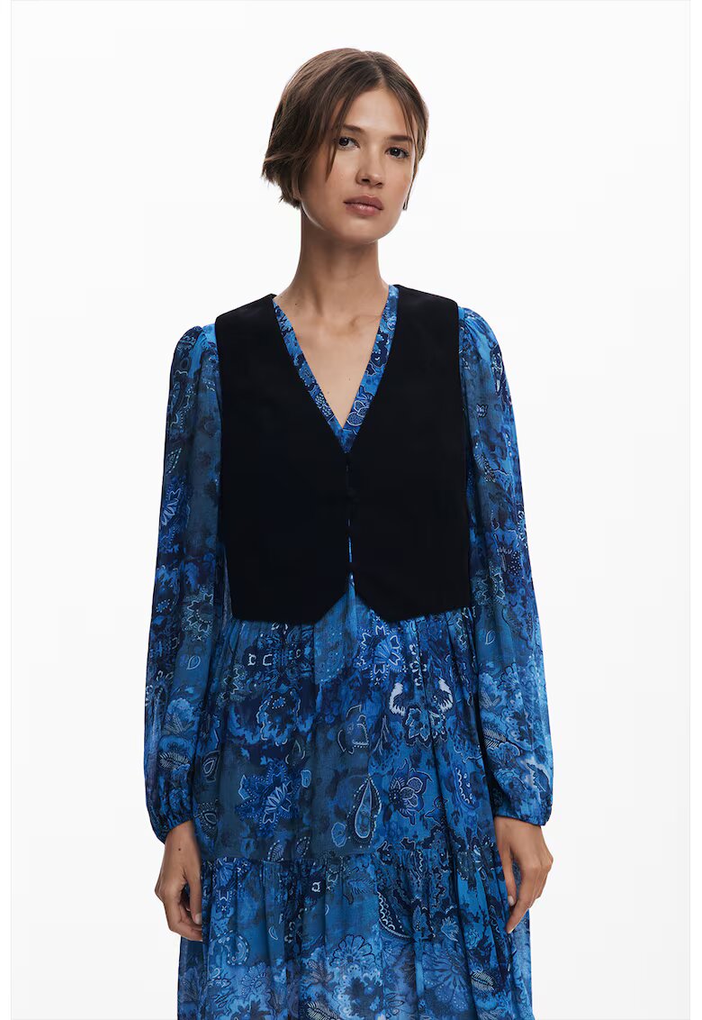 Desigual Set de rochie midi cu decolteu in V si model paisley si vesta - 2 piese - Negru/Albastru royal