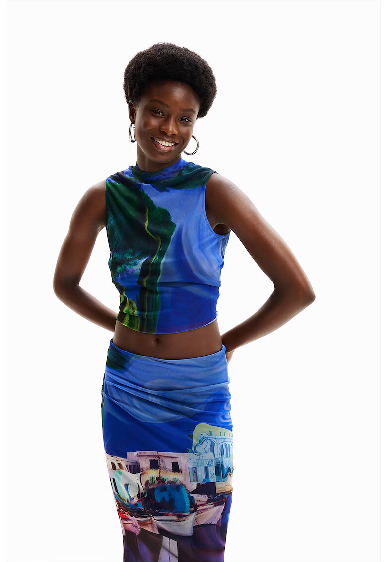 Desigual Top crop de plasa - Verde padure/Albastru
