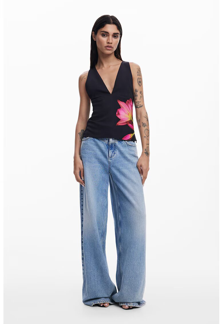 Desigual Top cu imprimeu floral si decolteu adanc in V - Negru/Roz/Verde feriga