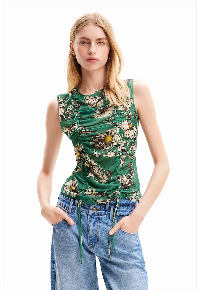 Desigual Top cu model floral si model cu fronseuri - Verde/Crem