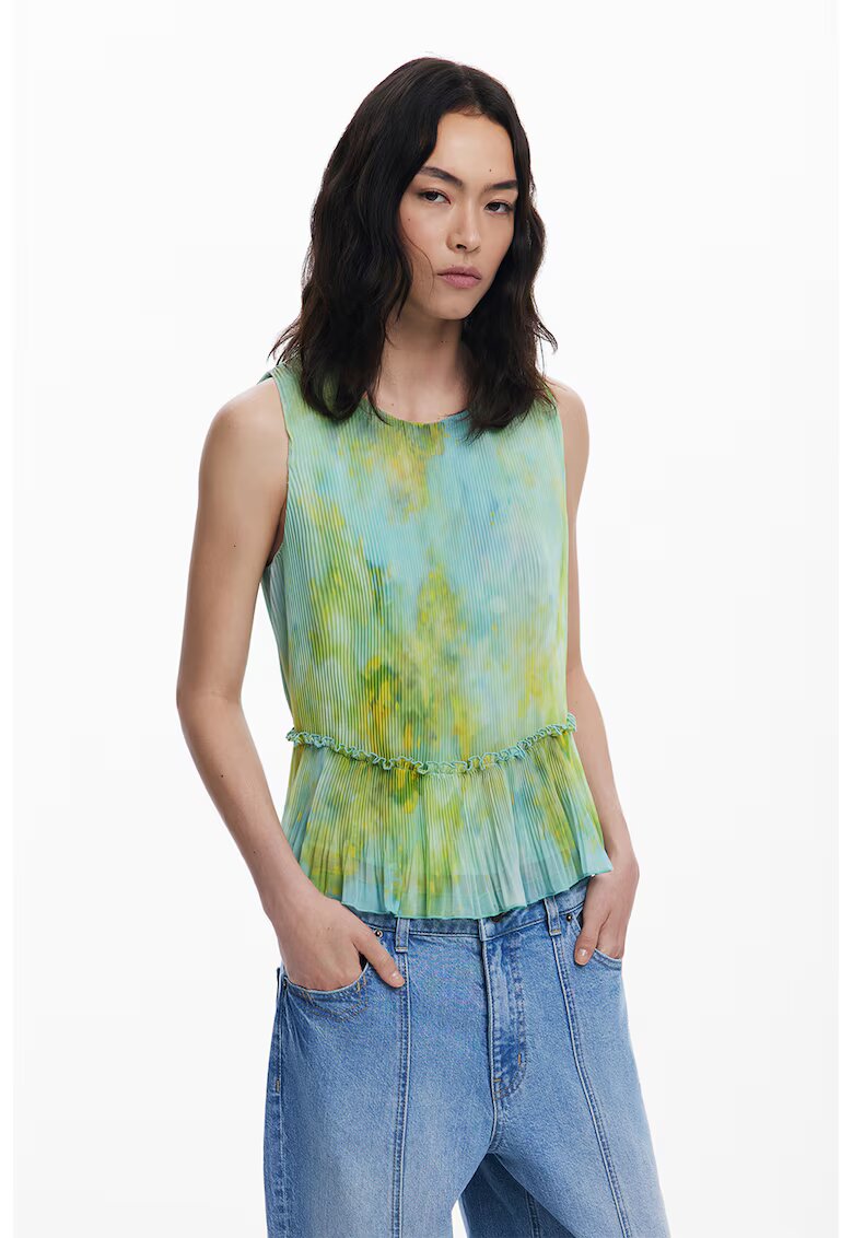 Desigual Top plisat cu peplum - Verde deschis/Albastru deschis