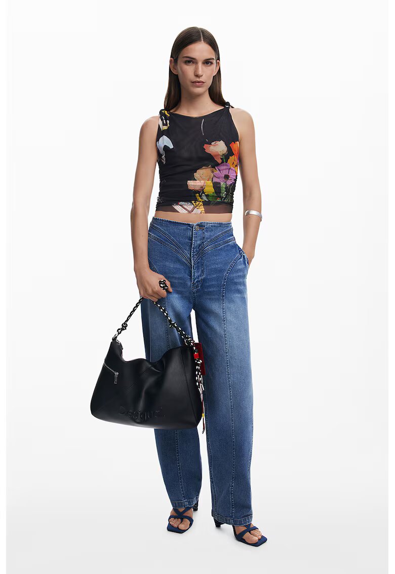 Desigual Top slim fit cu model floral - Negru